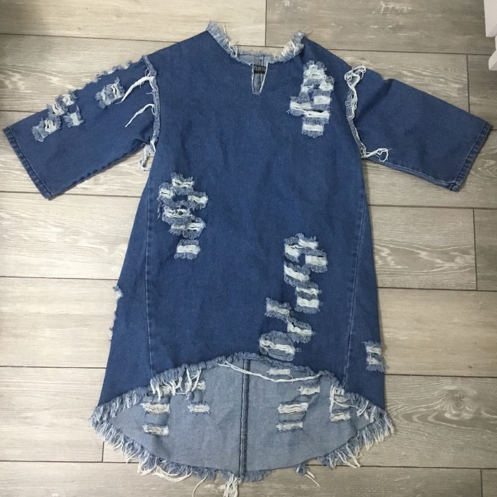 THRILL JEANS The Collection Distressed Ripped Hi Low Shirt Dress 3/4 Sleeve L